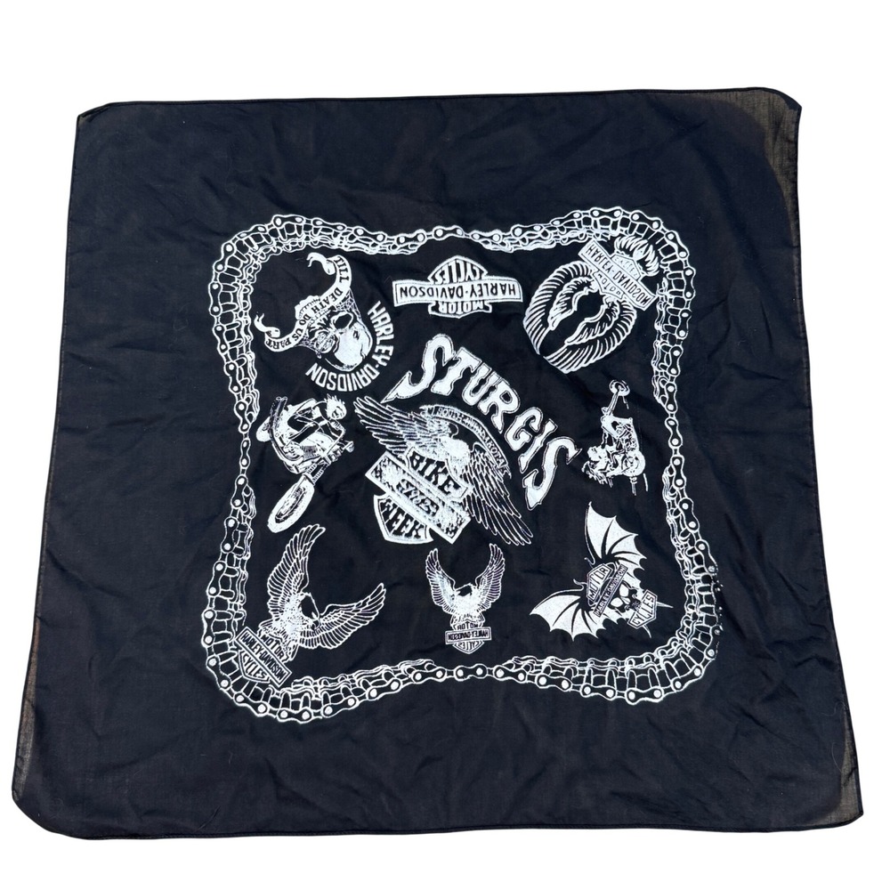 Vintage Harley-Davidson Sturgis Bike Week Bandana Black White Eagle Skull Biker